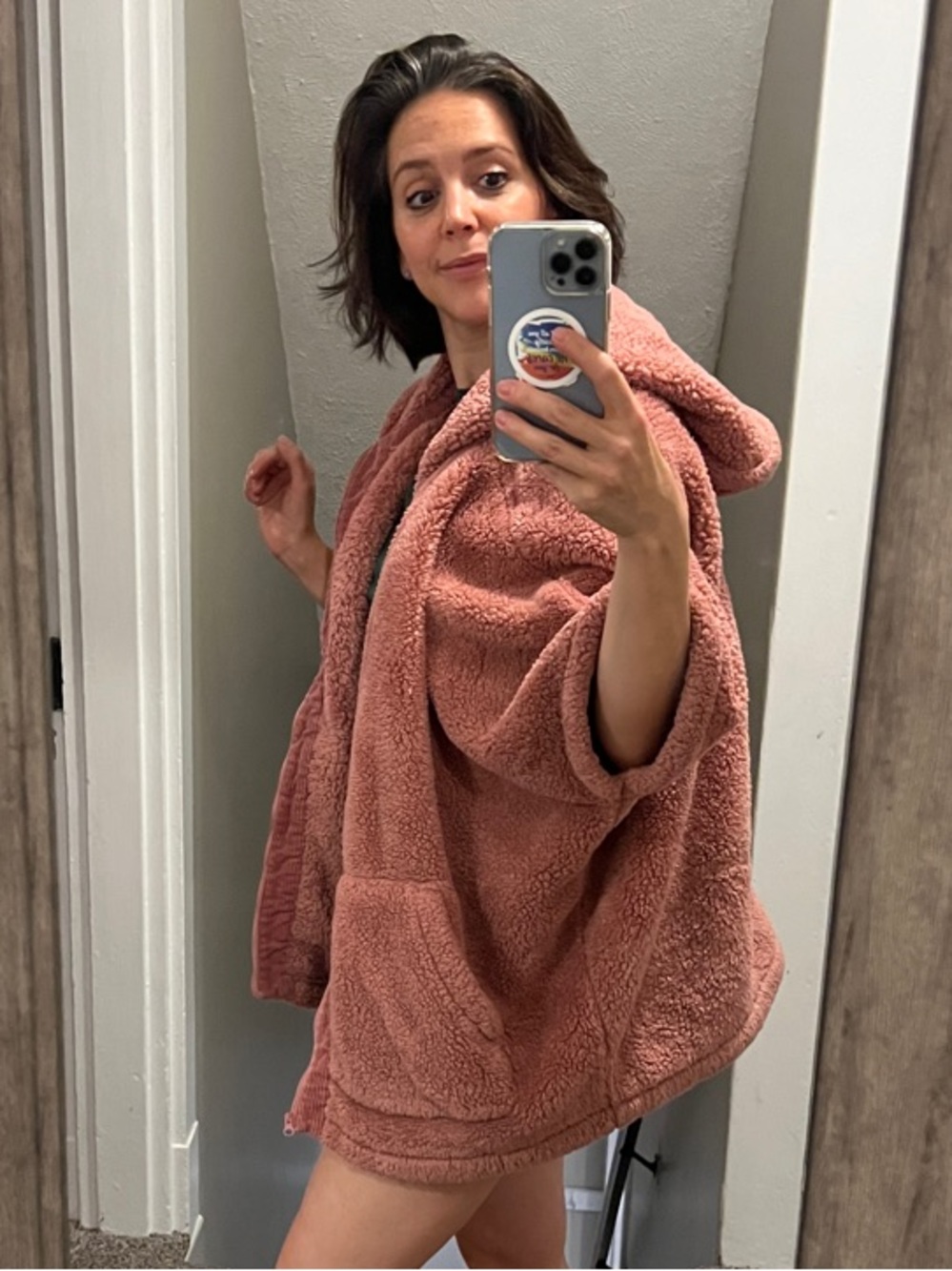 CAbi Plush Hooded Teddy Jacket in Dusty Rose